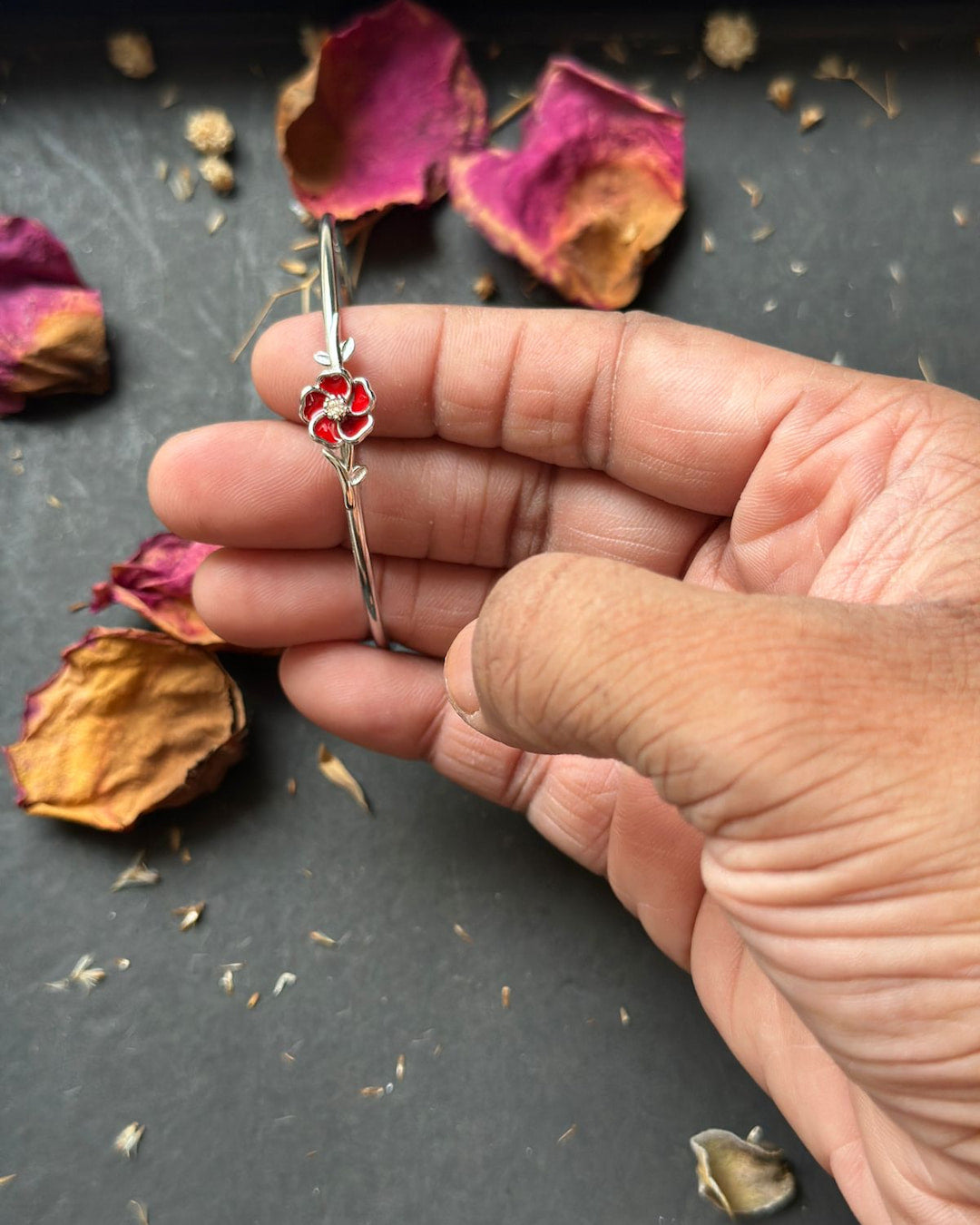 Rose Motif Silver Kada (Adjustable)