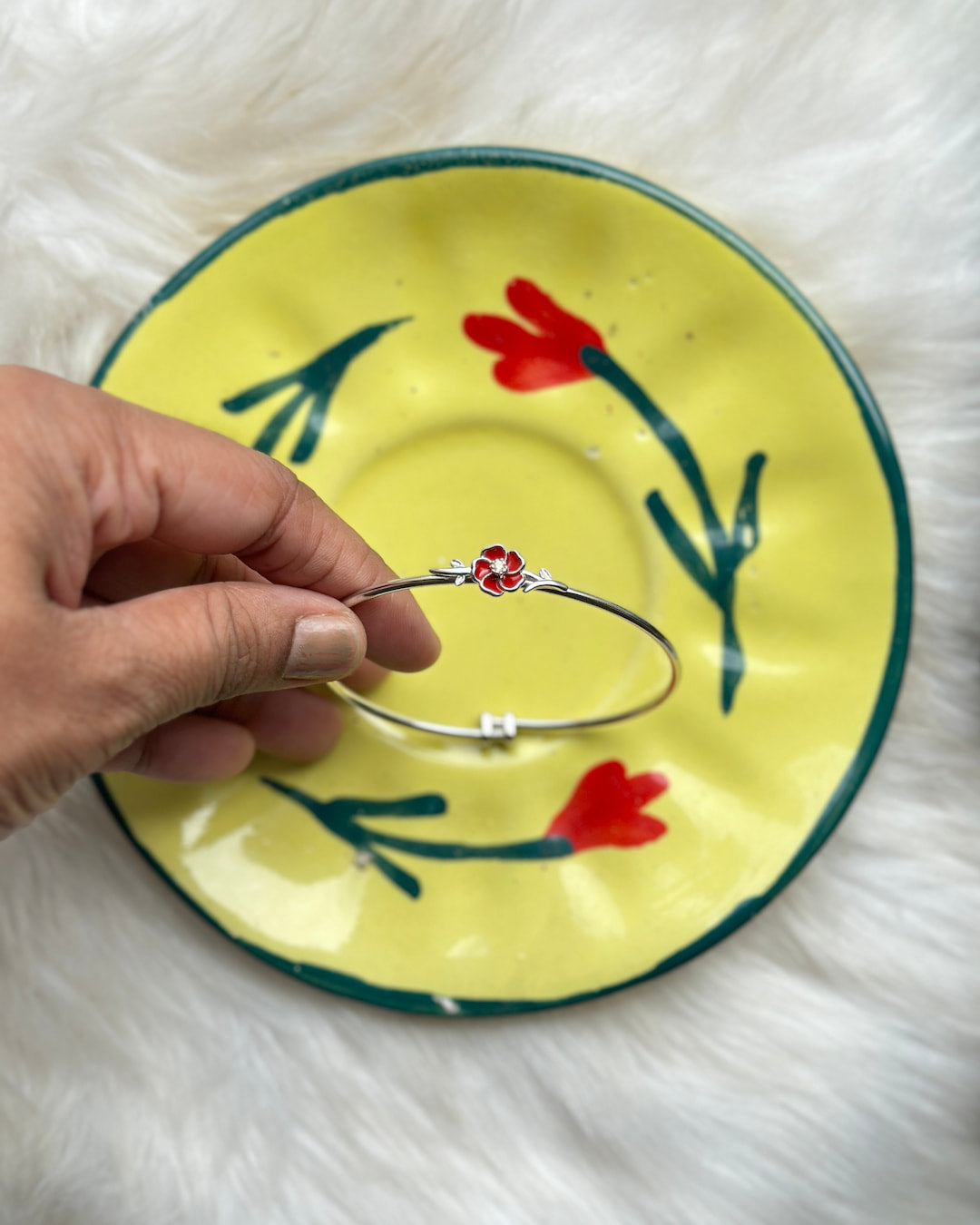Rose Motif Silver Kada (Adjustable)