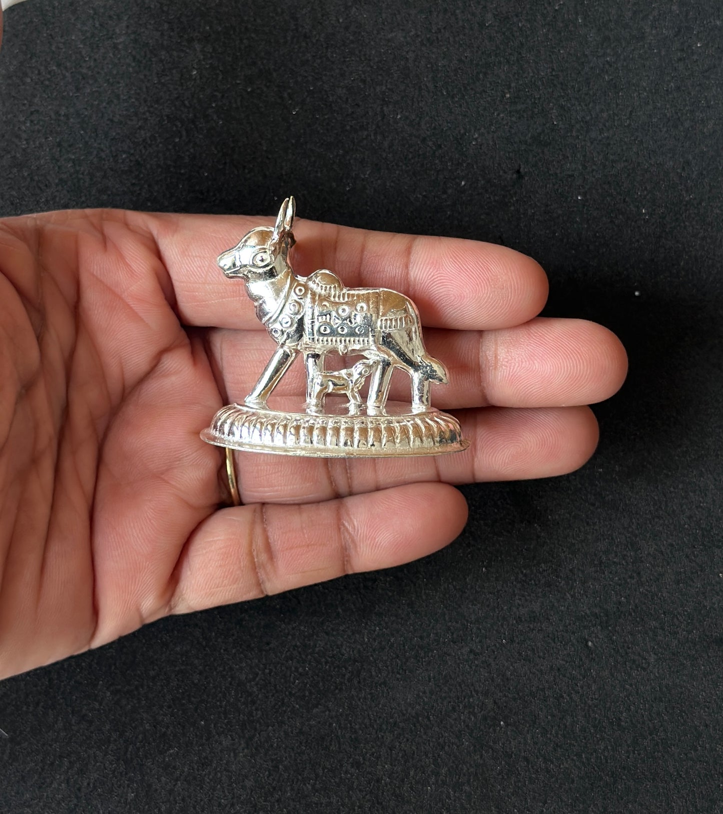 Kamdhenu Cow-Calf Silver Idol