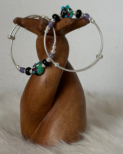 PurplePlay - Expandable Bracelet (Kada) with Purple & Black Beads | 925 Sterling Silver, Pair