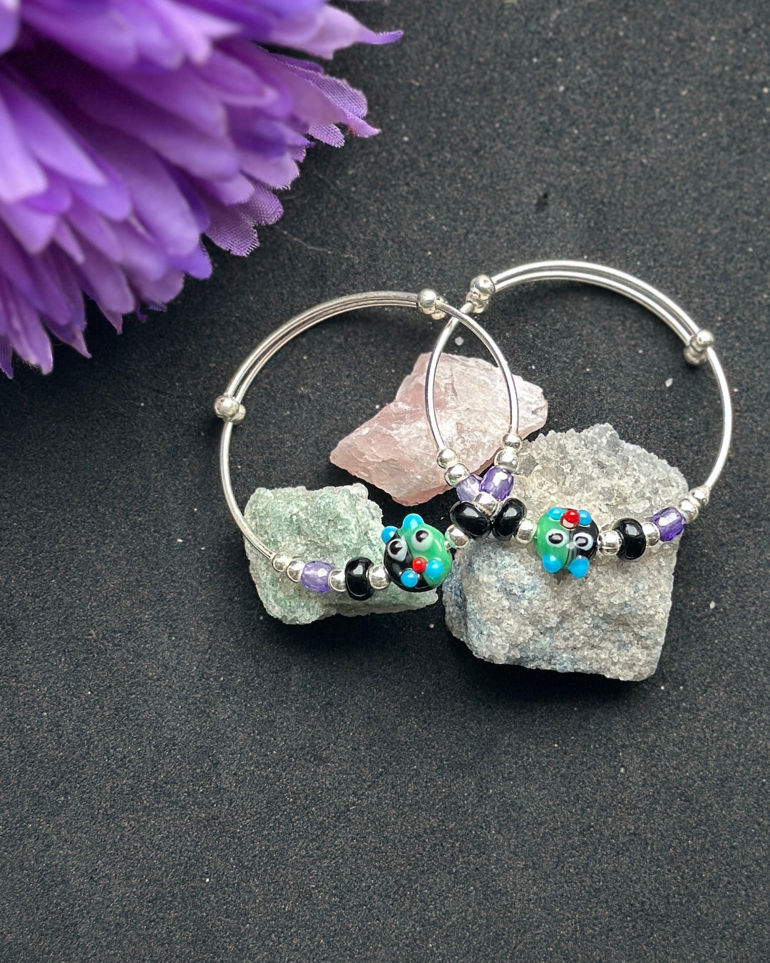 PurplePlay - Expandable Bracelet (Kada) with Purple & Black Beads | 925 Sterling Silver, Pair