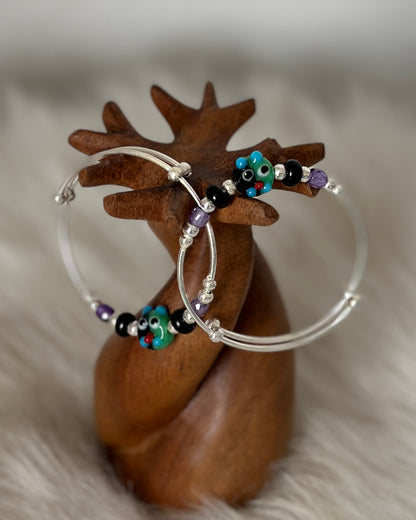 PurplePlay - Expandable Bracelet (Kada) with Purple & Black Beads | 925 Sterling Silver, Pair
