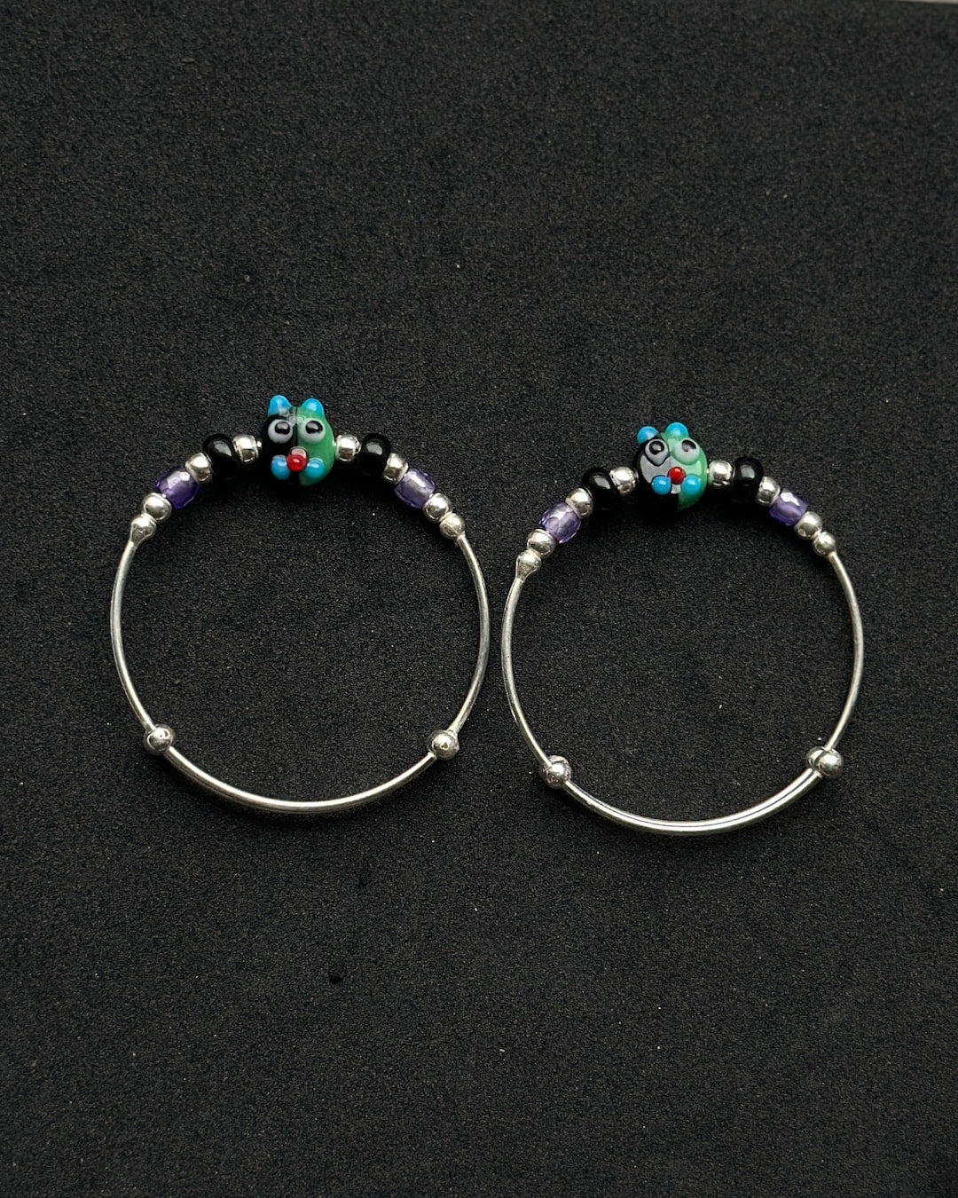 PurplePlay - Expandable Bracelet (Kada) with Purple & Black Beads | 925 Sterling Silver, Pair