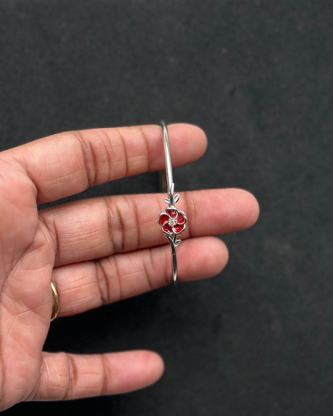 Rose Motif Silver Kada (Adjustable)