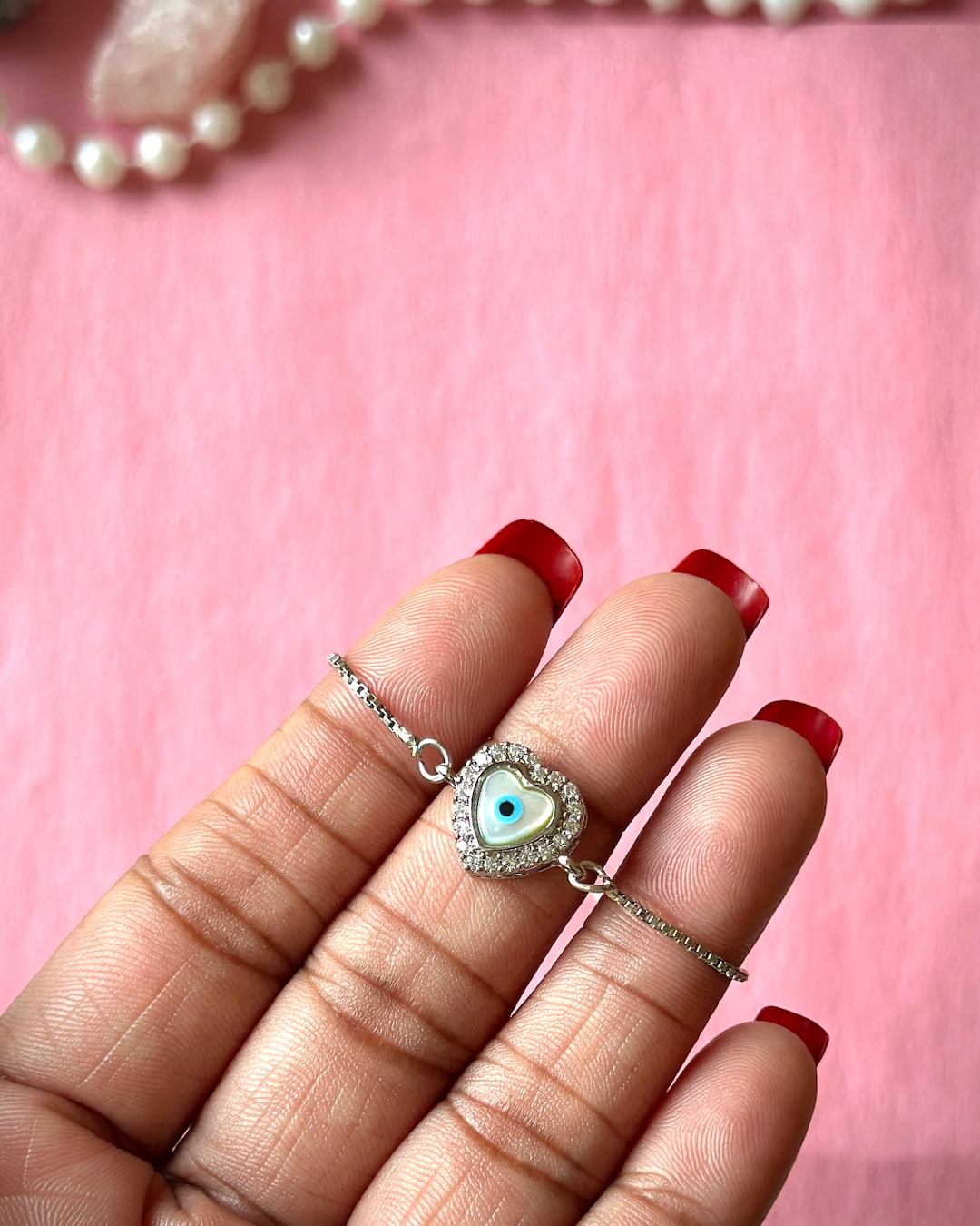 Heart Evil-Eye Silver Bracelet (Adjustable)