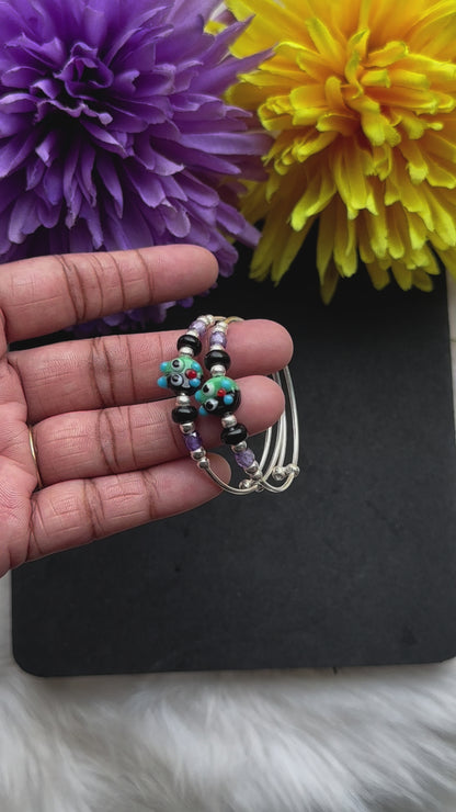 PurplePlay - Expandable Bracelet (Kada) with Purple & Black Beads | 925 Sterling Silver, Pair